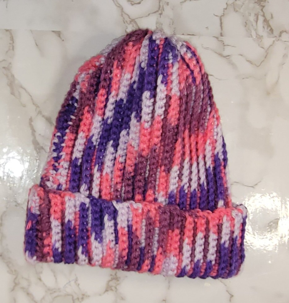 Adult/Youth, Purple Pink, and White Variegated Crochet Hat